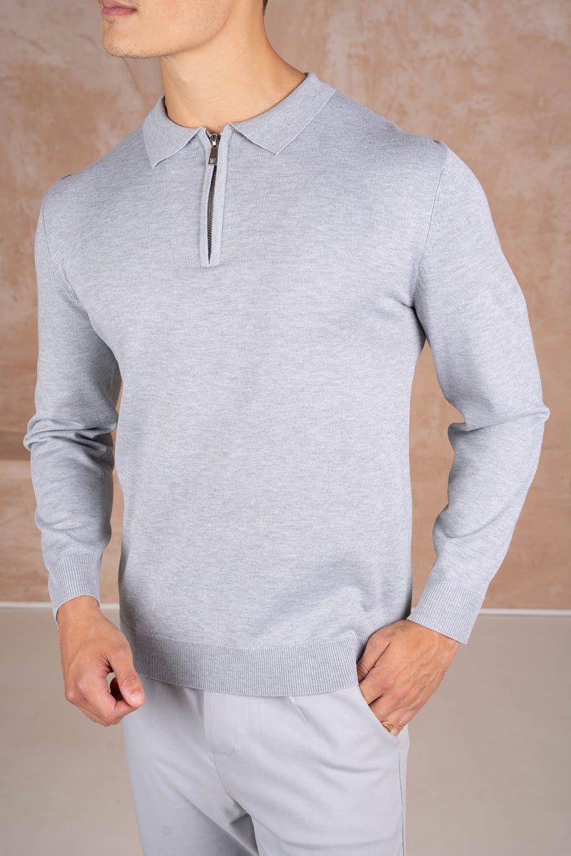 Premium Knitted Long Sleeve Zip Polo-Shirt - Grey