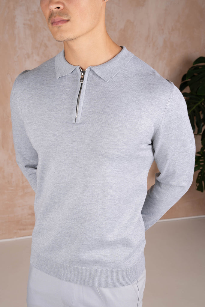 Premium Knitted Long Sleeve Zip Polo-Shirt - Grey