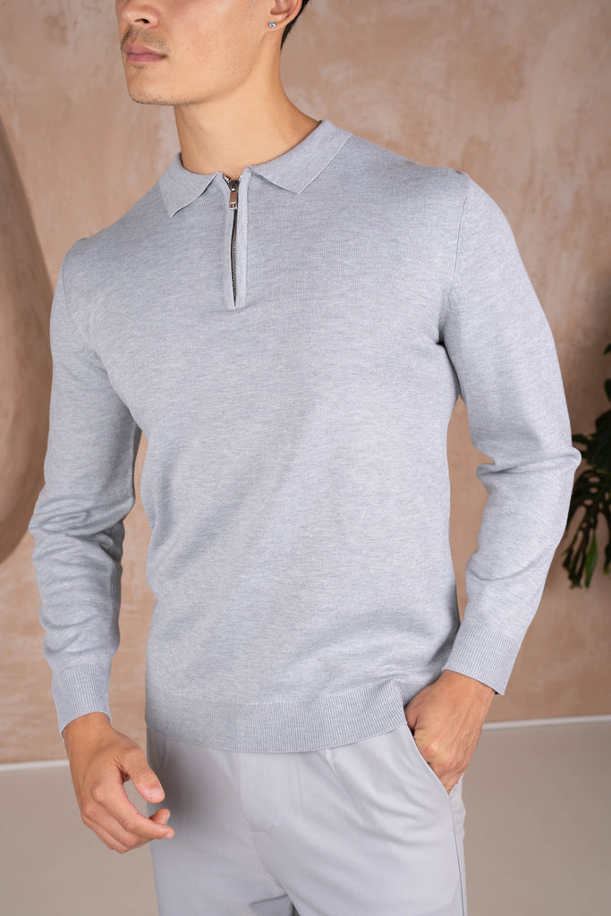 Premium Knitted Long Sleeve Zip Polo-Shirt - Grey