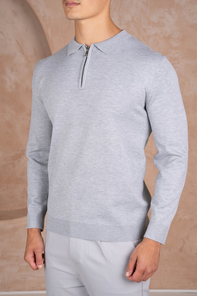 Premium Knitted Long Sleeve Zip Polo-Shirt - Grey