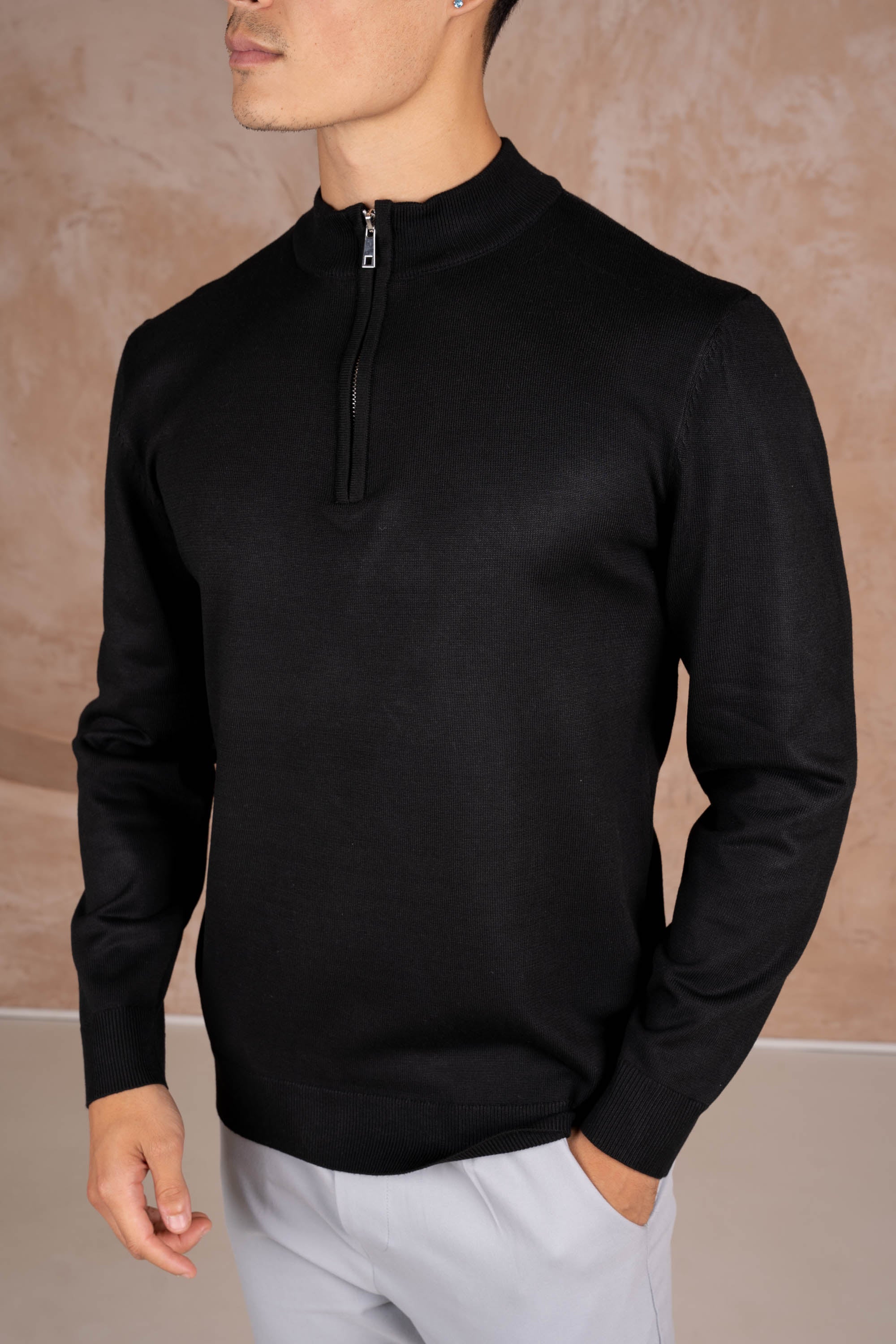 Premium Knitted Quarter Zip Jumper - Black