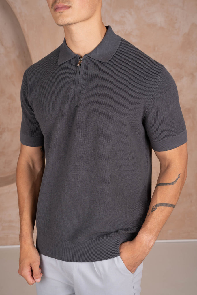 Premium Ribbed Knitted Polo Shirt - Charcoal