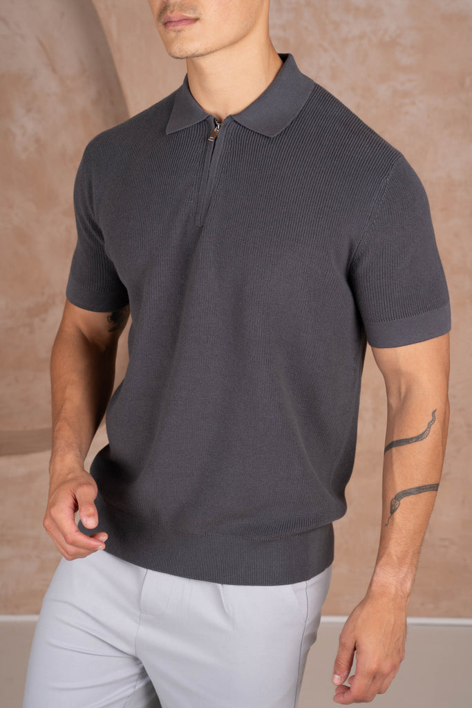 Premium Ribbed Knitted Polo Shirt - Charcoal