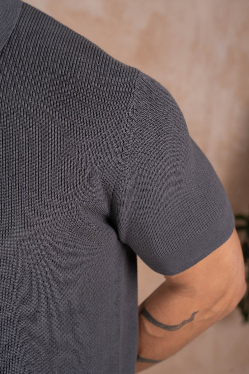 Premium Ribbed Knitted Polo Shirt - Charcoal