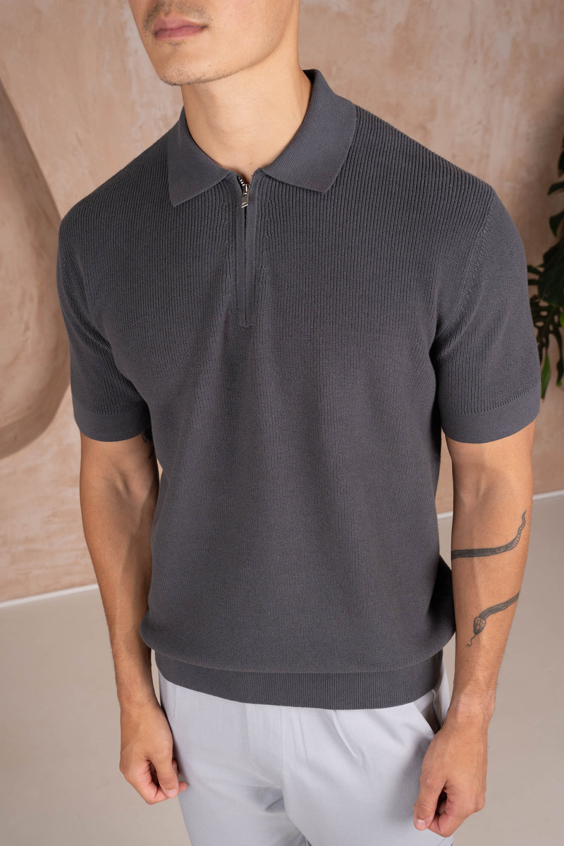 Premium Ribbed Knitted Polo Shirt - Charcoal