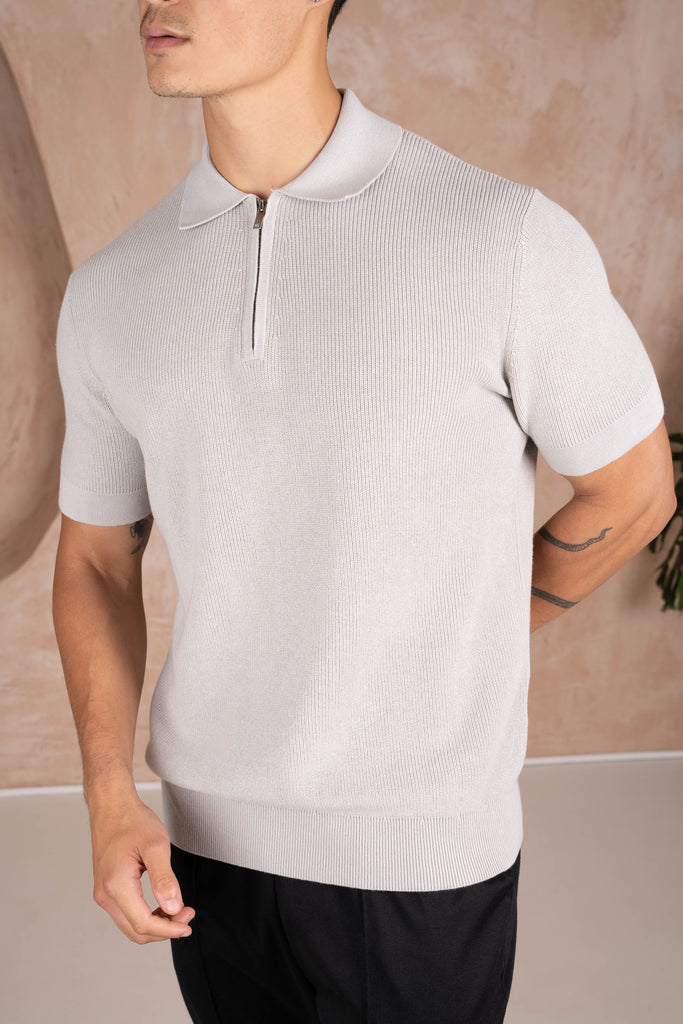 Premium Ribbed Knitted Polo Shirt - Grey