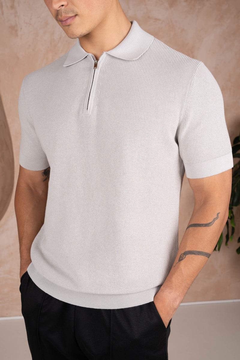 Premium Ribbed Knitted Polo Shirt - Grey