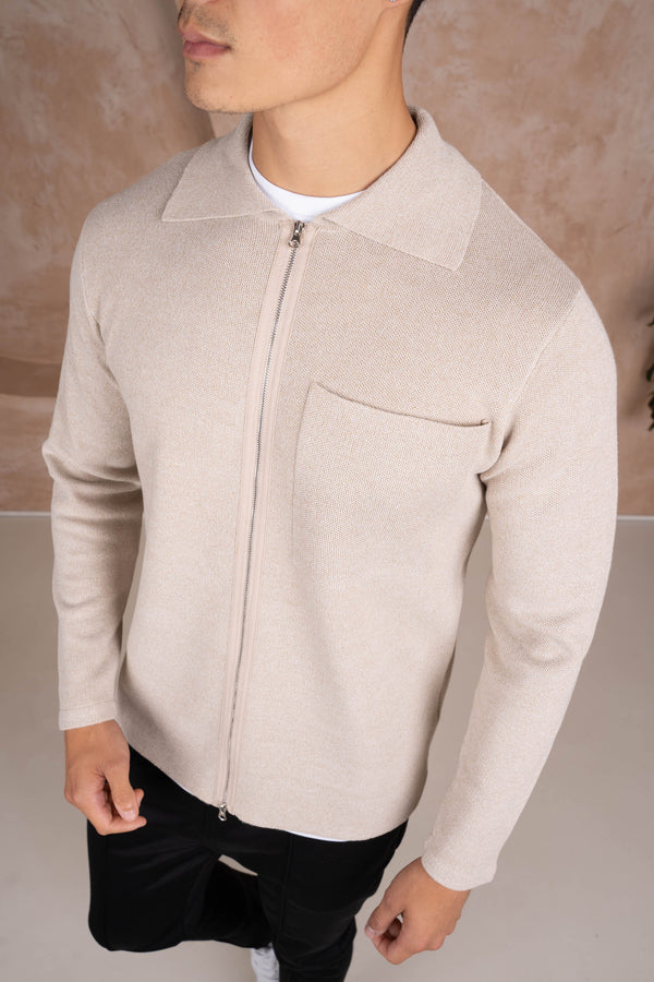 Collared Zip Up Cardigan - Stone