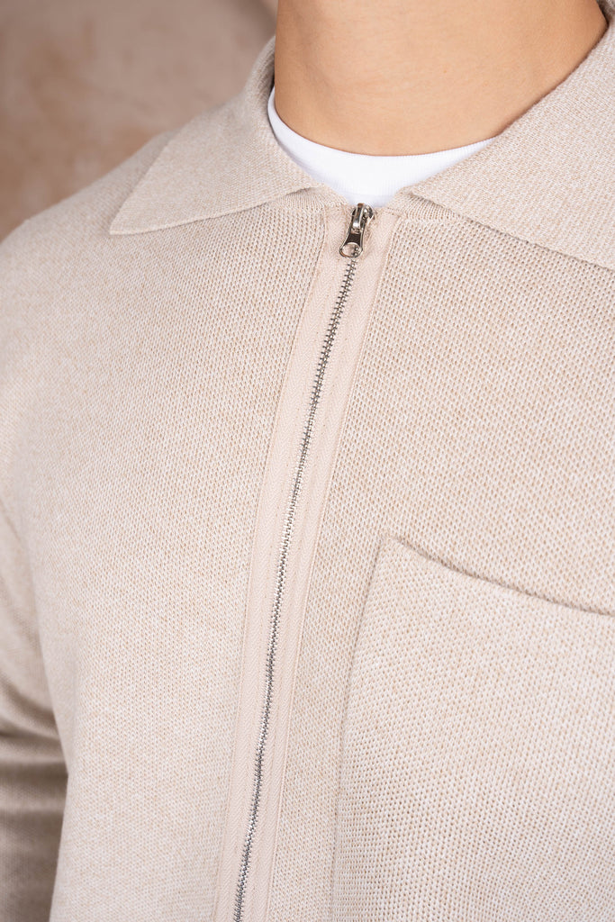 Collared Zip Up Cardigan - Stone