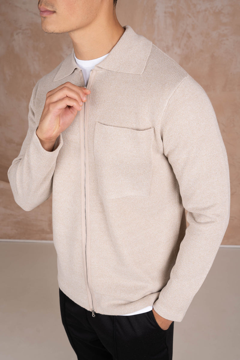 Collared Zip Up Cardigan - Stone