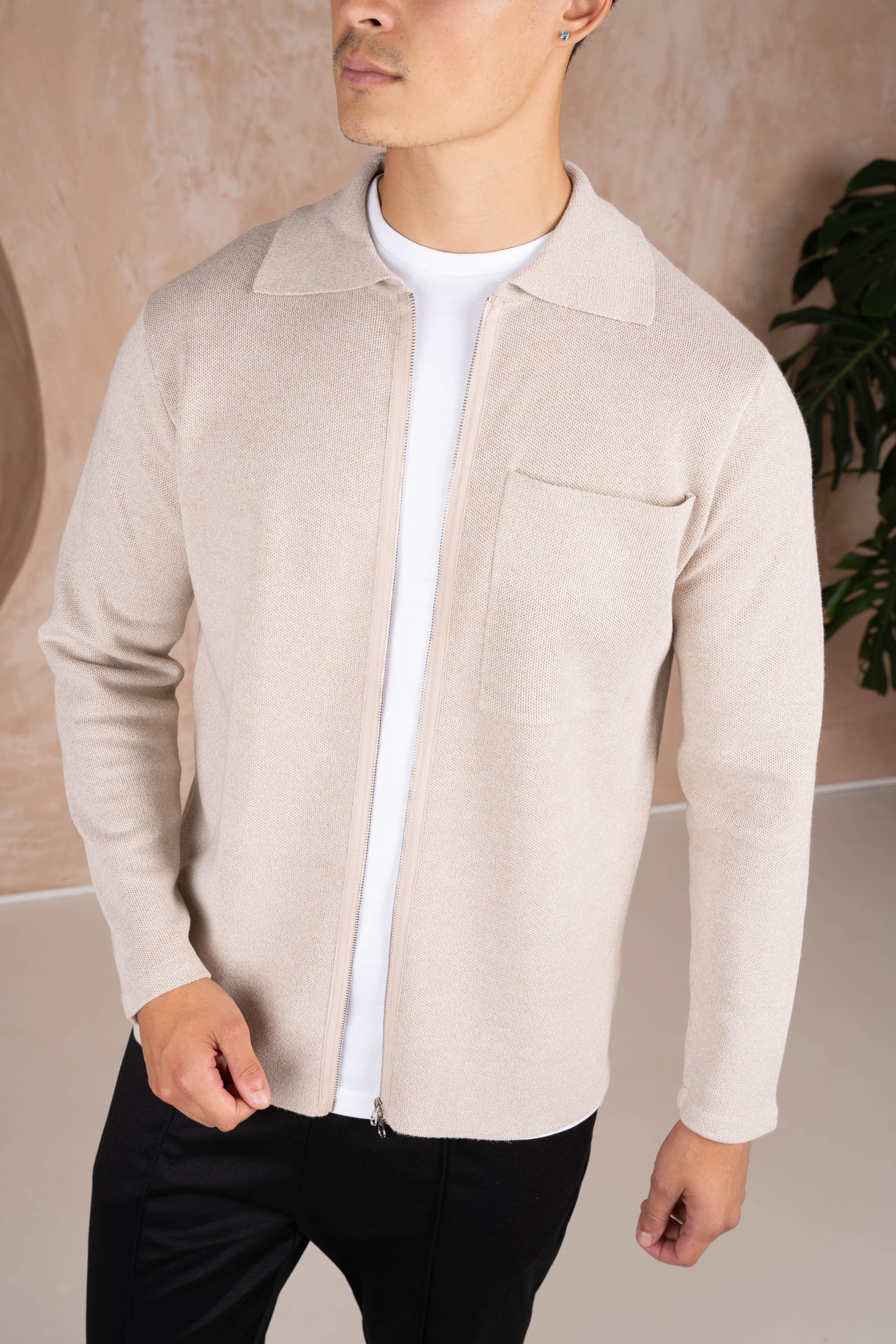 Collared Zip Up Cardigan - Stone