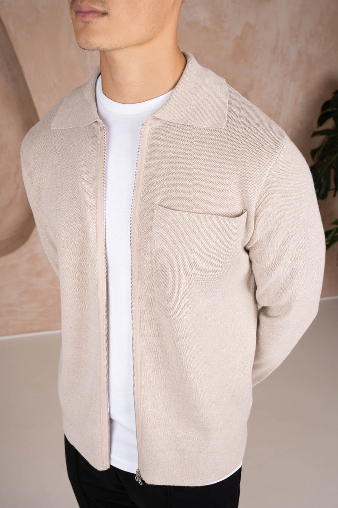 Collared Zip Up Cardigan - Stone