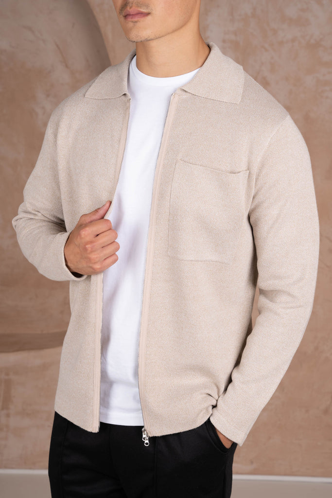 Collared Zip Up Cardigan - Stone