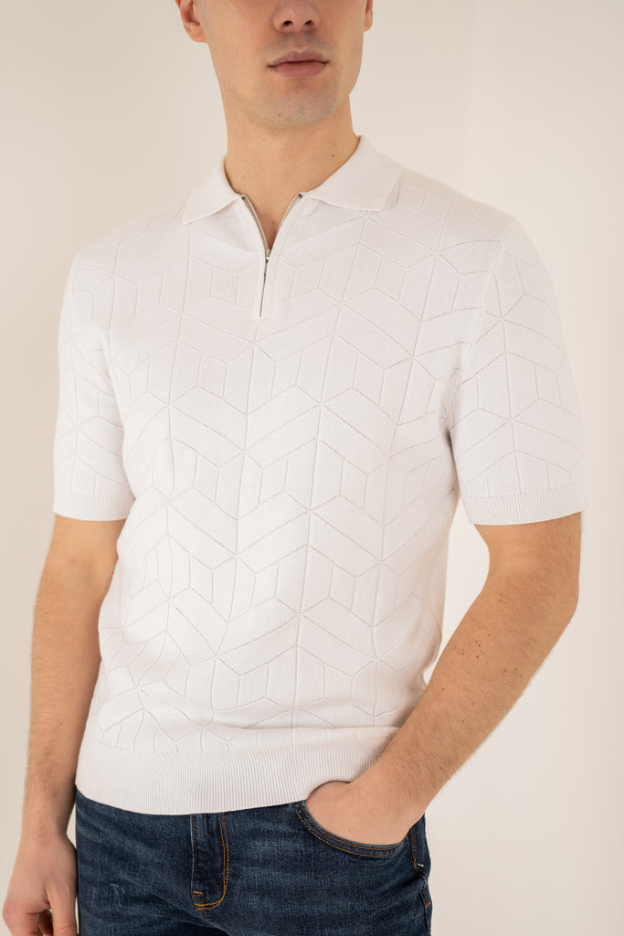 Geometric Knitted Quarter Zip Polo Shirt - White