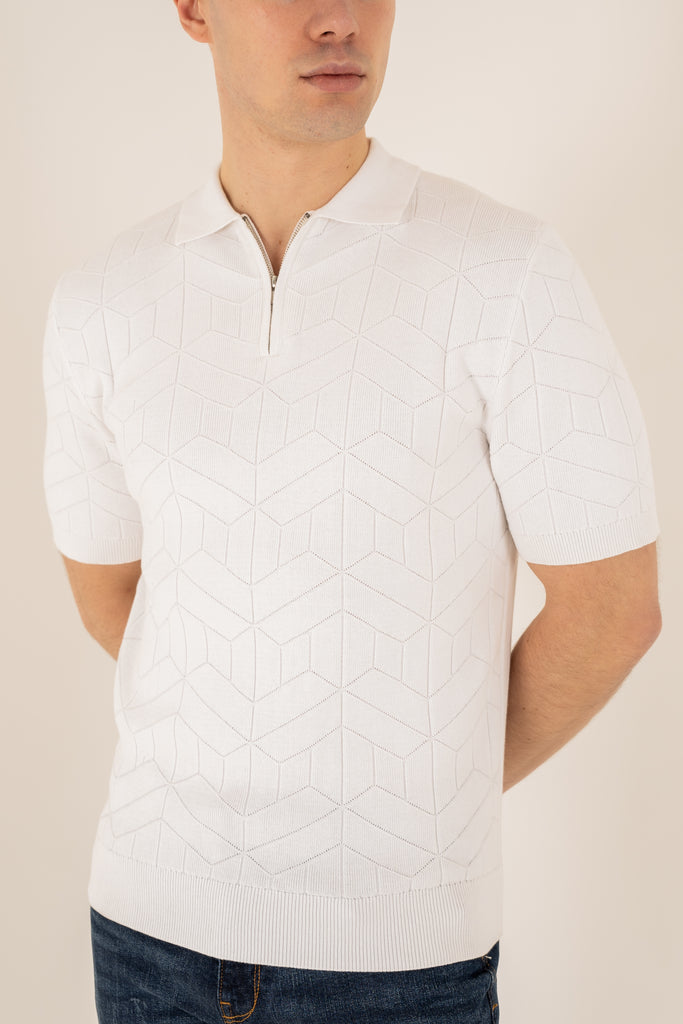 Geometric Knitted Quarter Zip Polo Shirt - White
