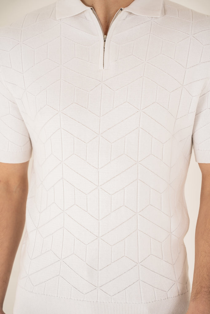 Geometric Knitted Quarter Zip Polo Shirt - White