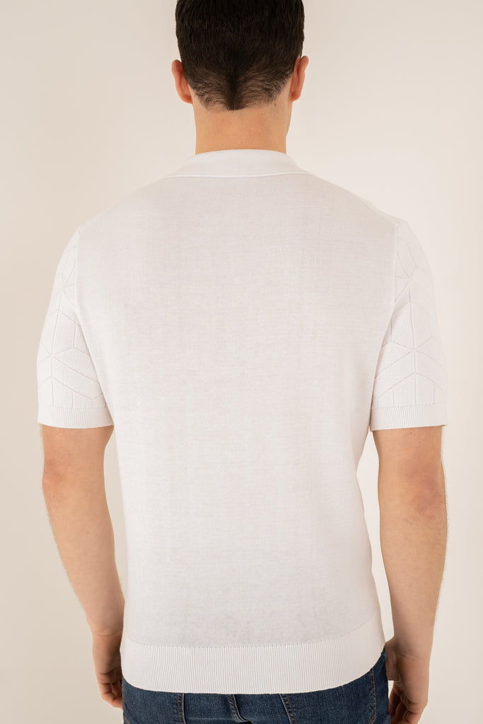 Geometric Knitted Quarter Zip Polo Shirt - White