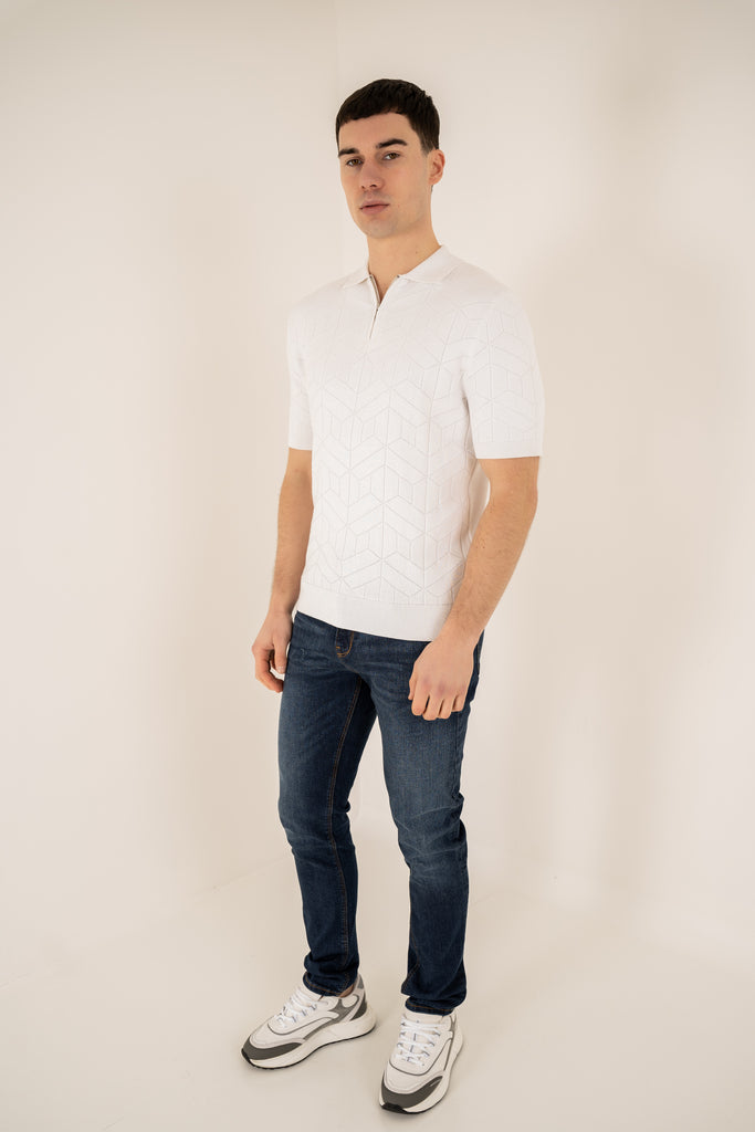 Geometric Knitted Quarter Zip Polo Shirt - White