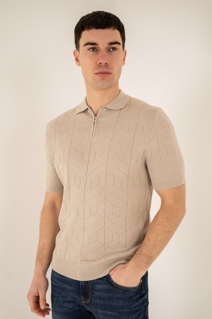 Geometric Knitted Quarter Zip Polo Shirt - Stone