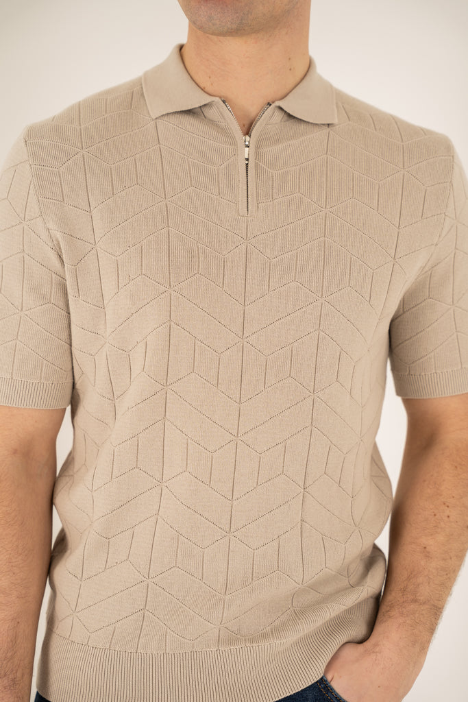 Geometric Knitted Quarter Zip Polo Shirt - Stone
