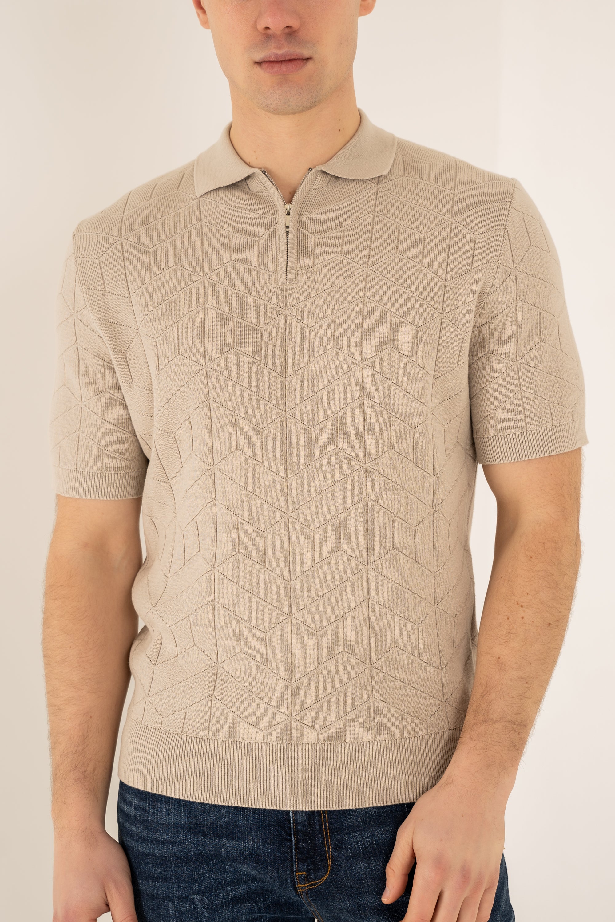 Geometric Knitted Quarter Zip Polo Shirt - Stone