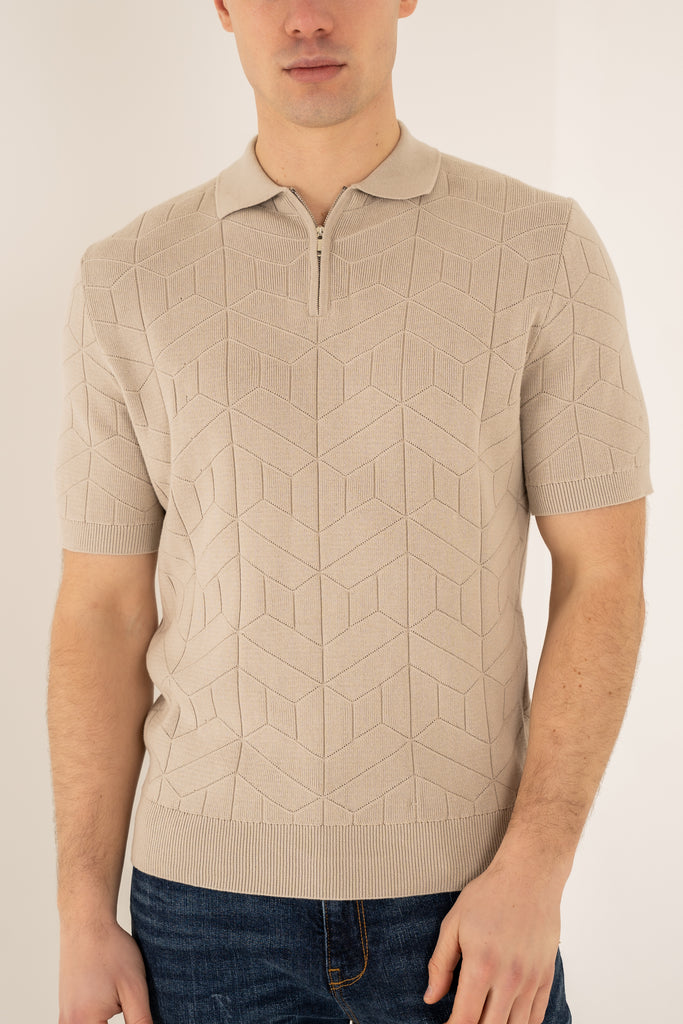 Geometric Knitted Quarter Zip Polo Shirt - Stone