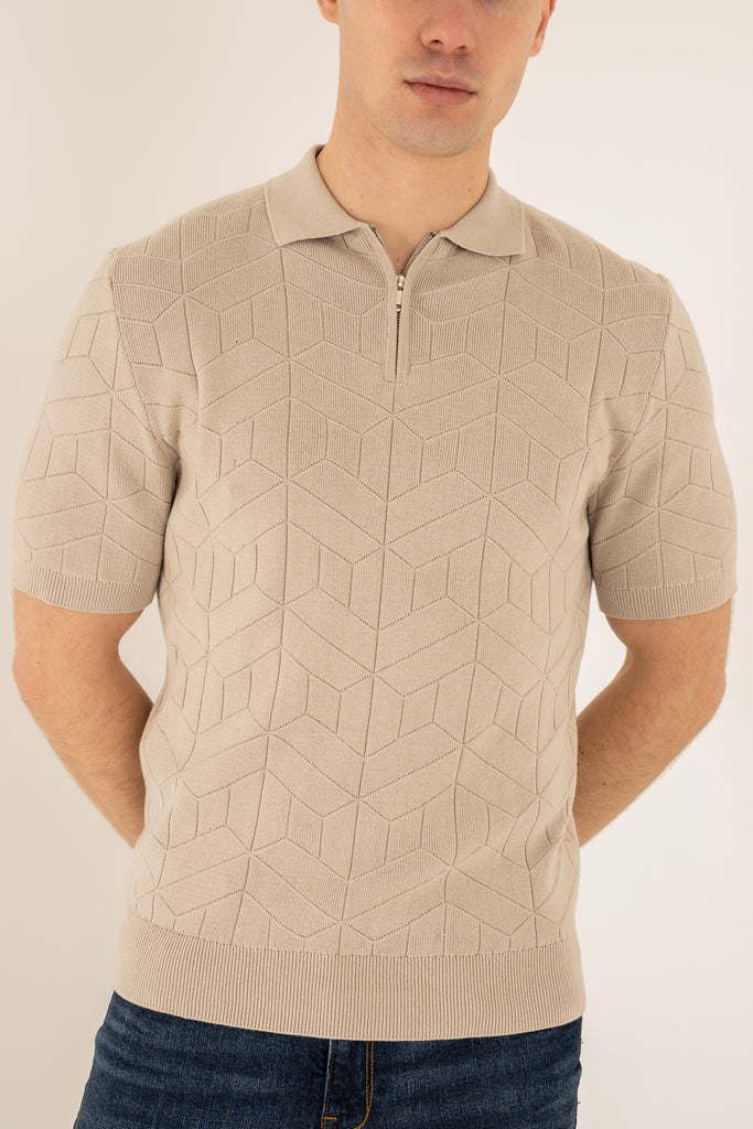 Geometric Knitted Quarter Zip Polo Shirt - Stone