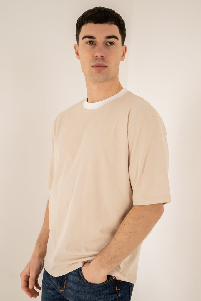 Relaxed Fit Contrast Neck T-Shirt - Beige