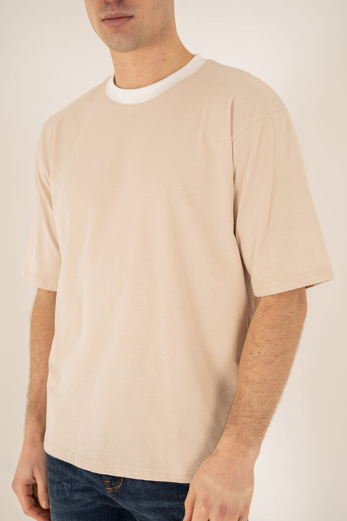 Relaxed Fit Contrast Neck T-Shirt - Beige