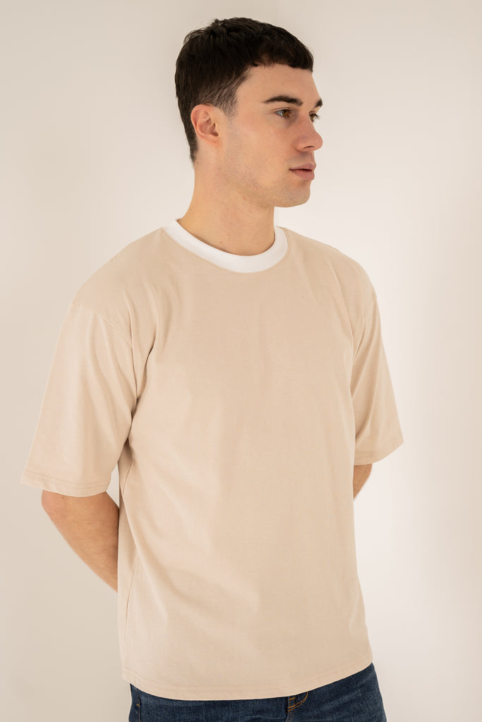 Relaxed Fit Contrast Neck T-Shirt - Beige