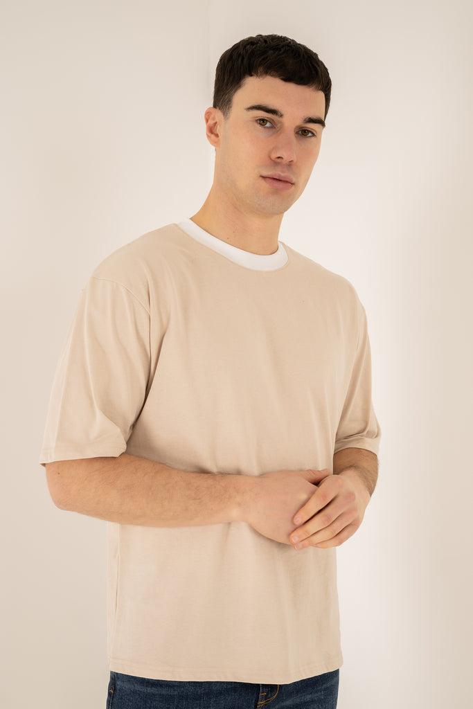 Relaxed Fit Contrast Neck T-Shirt - Beige