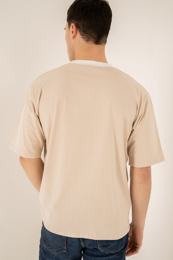 Relaxed Fit Contrast Neck T-Shirt - Beige