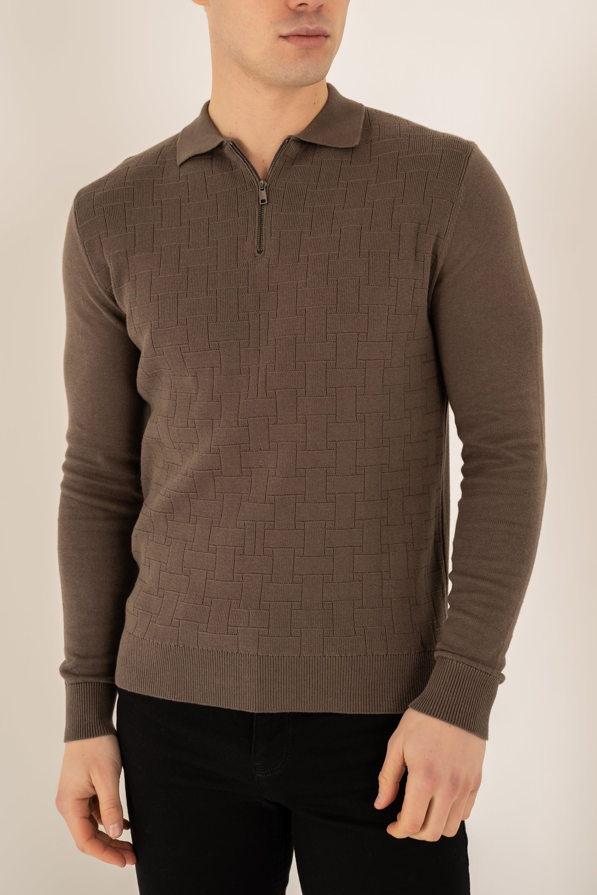 Geometric Long Sleeve Polo - Khaki
