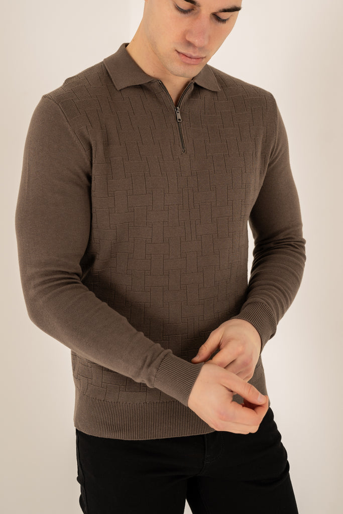Geometric Long Sleeve Polo - Khaki