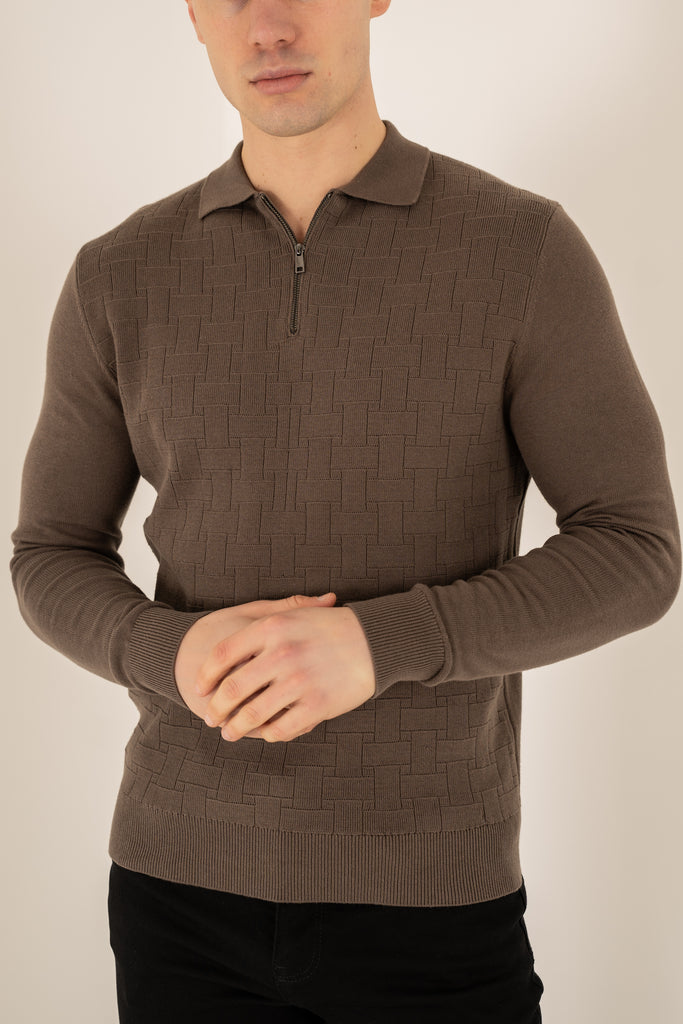 Geometric Long Sleeve Polo - Khaki