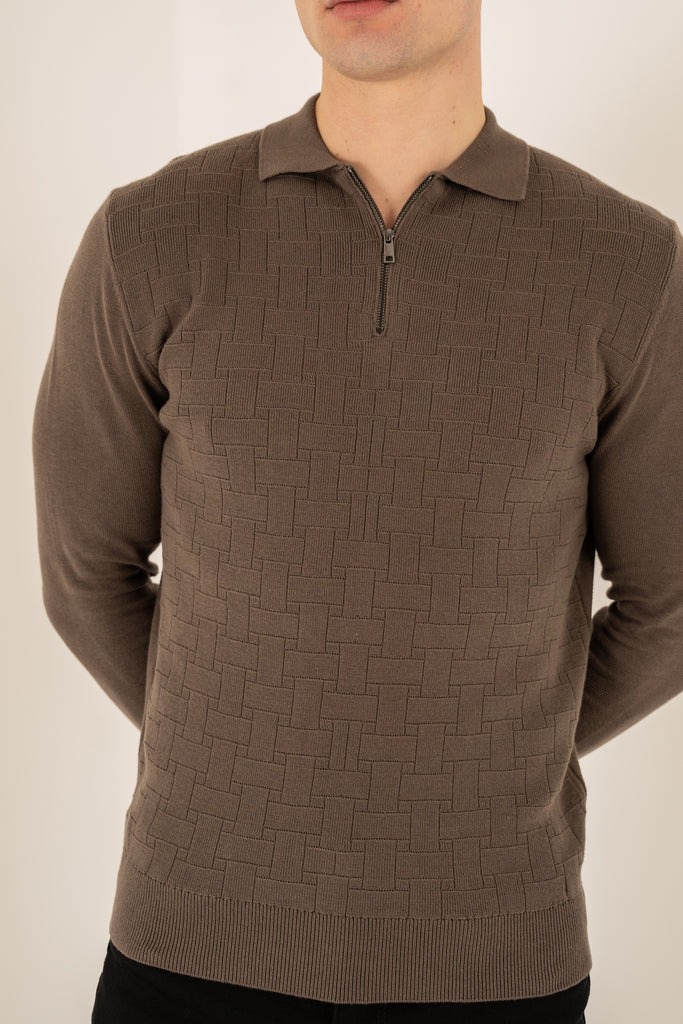 Geometric Long Sleeve Polo - Khaki