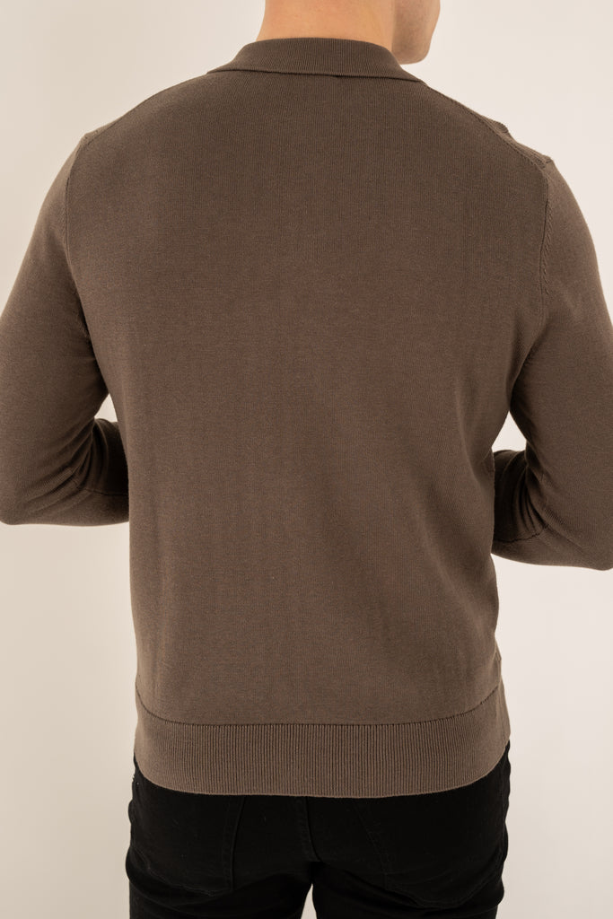 Geometric Long Sleeve Polo - Khaki