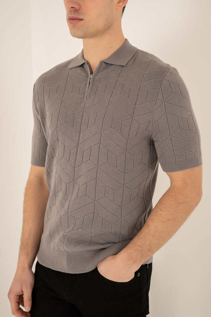 Geometric Knitted Quarter Zip Polo Shirt - Grey