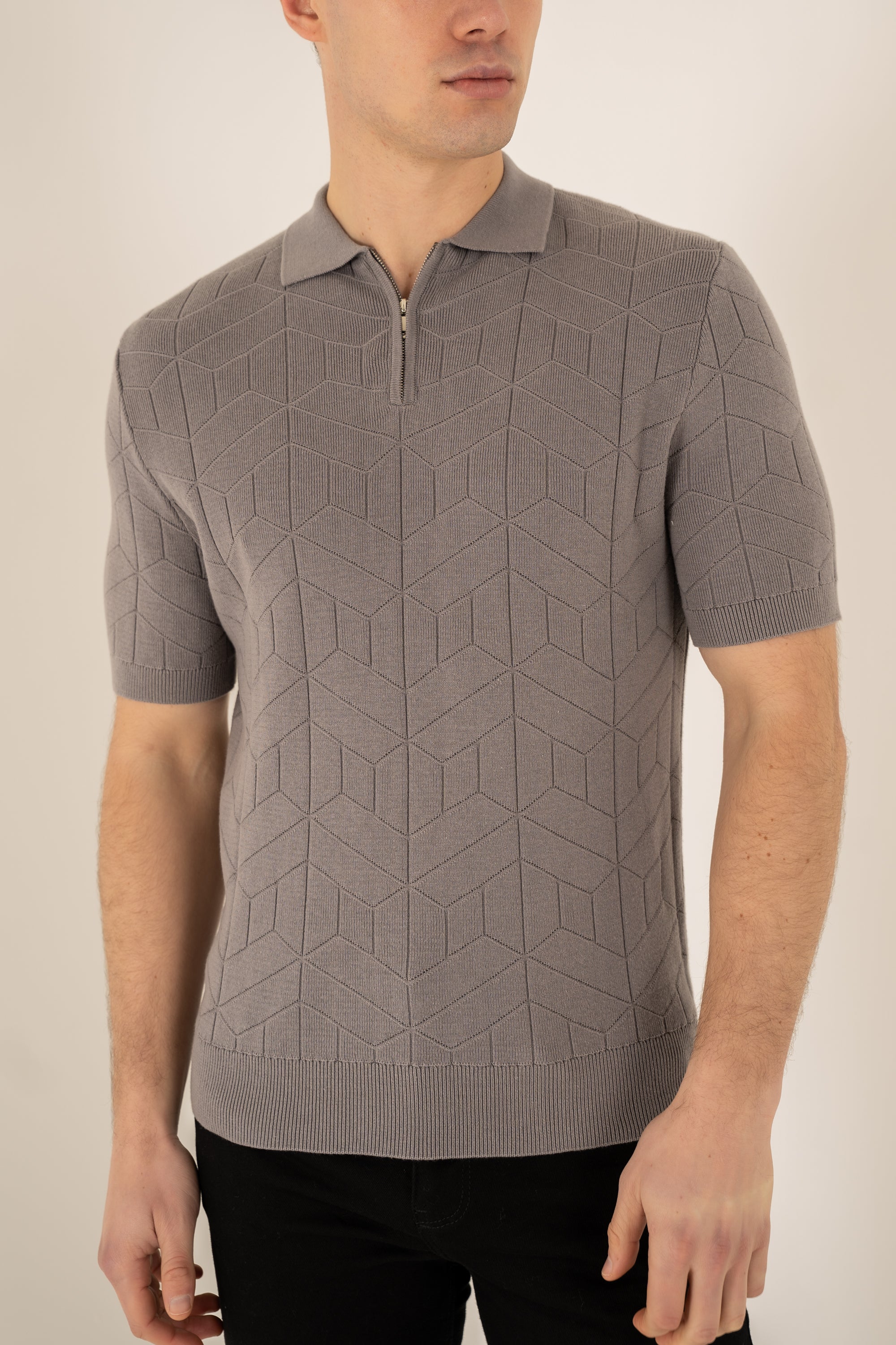 Geometric Knitted Quarter Zip Polo Shirt - Grey