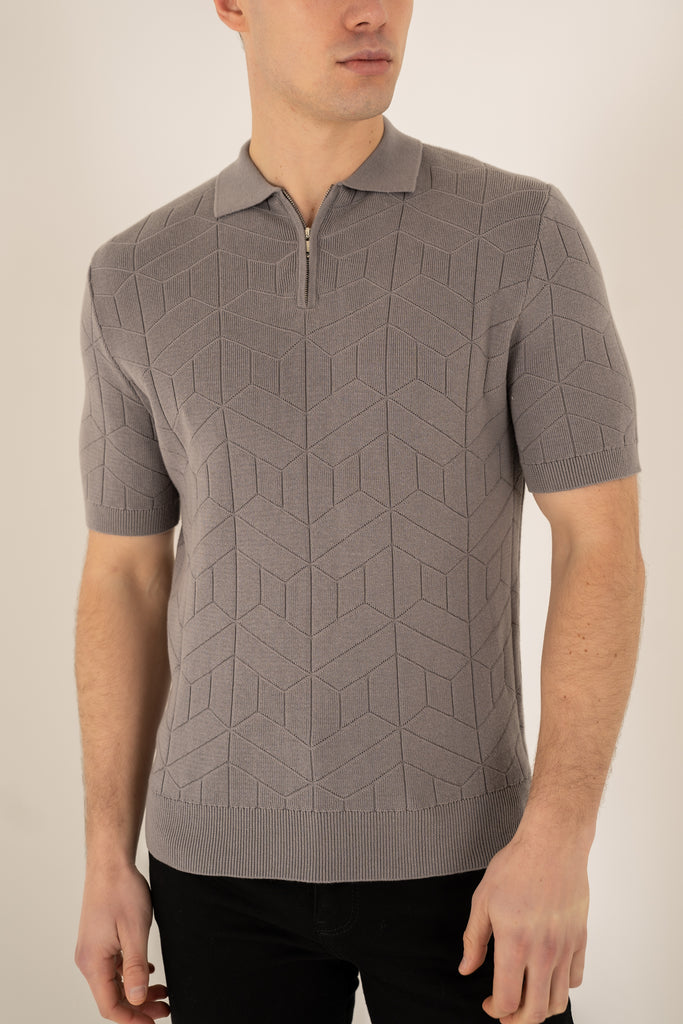 Geometric Knitted Quarter Zip Polo Shirt - Grey