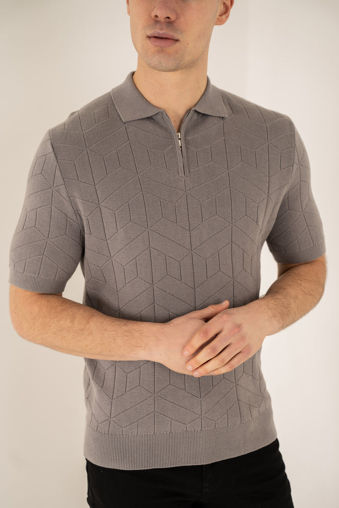 Geometric Knitted Quarter Zip Polo Shirt - Grey