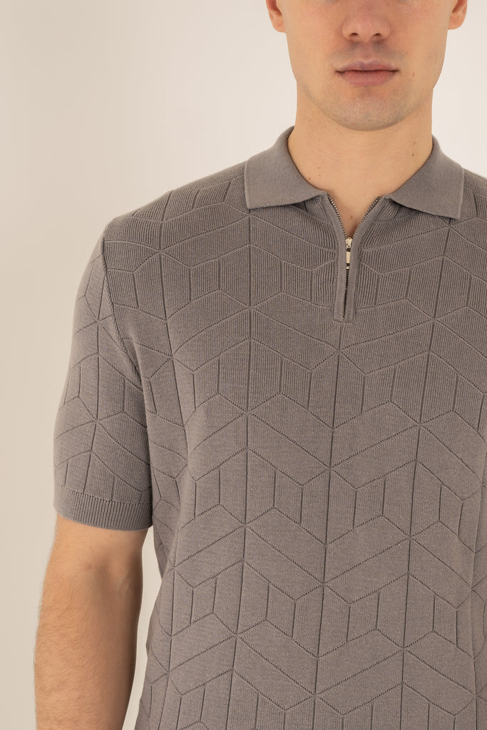 Geometric Knitted Quarter Zip Polo Shirt - Grey