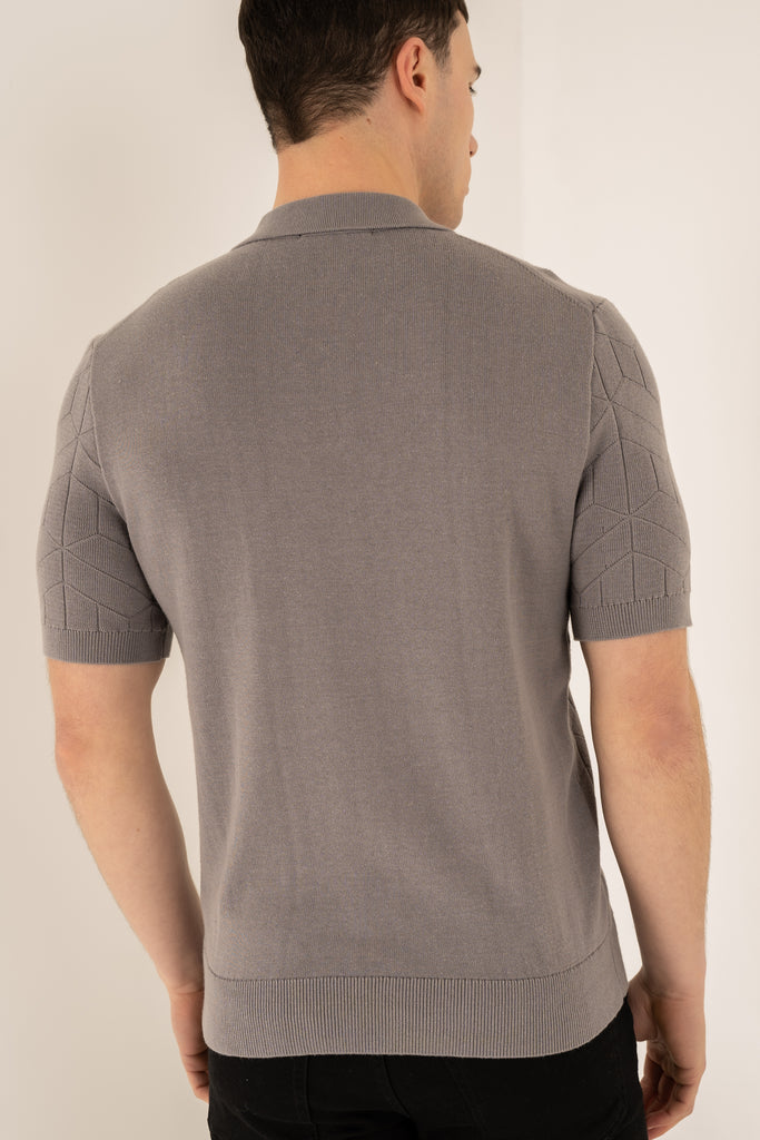Geometric Knitted Quarter Zip Polo Shirt - Grey