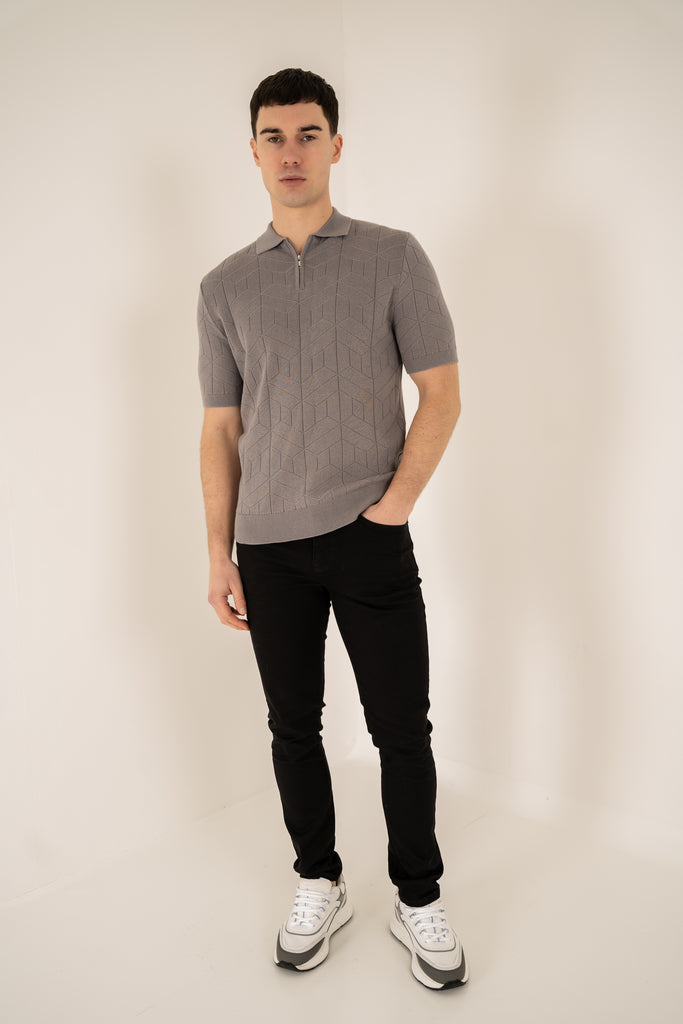 Geometric Knitted Quarter Zip Polo Shirt - Grey