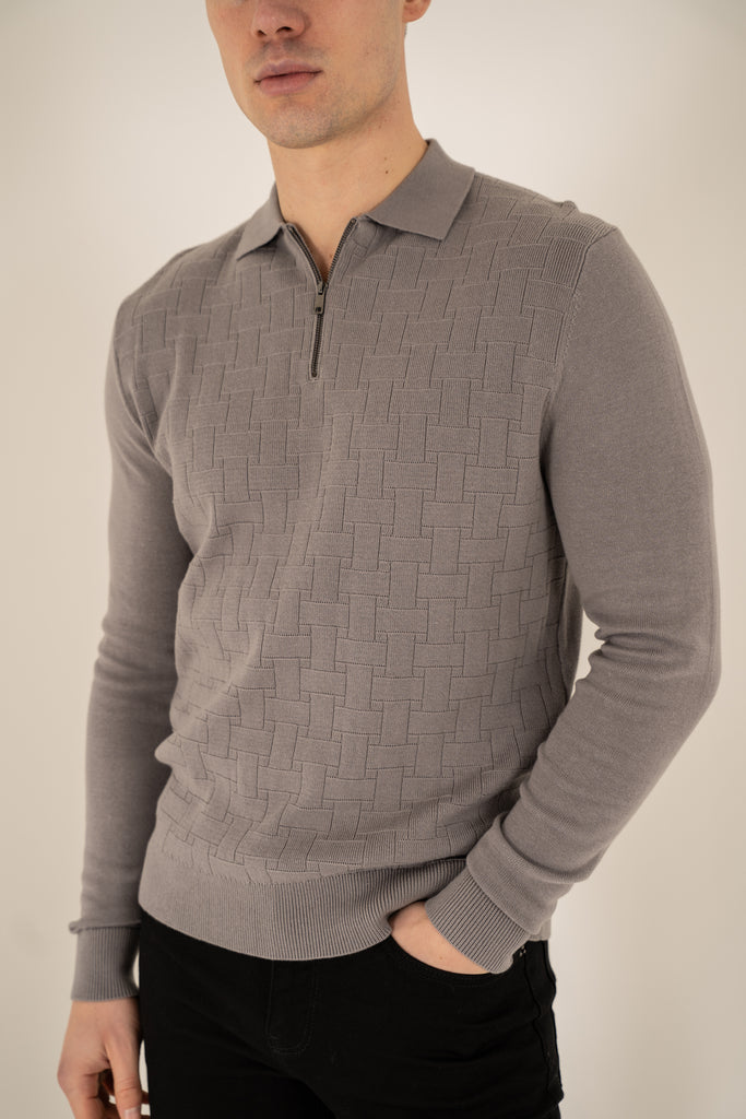 Geometric Long Sleeve Polo - Light Grey