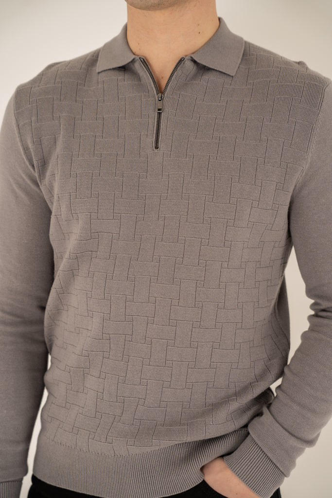Geometric Long Sleeve Polo - Light Grey