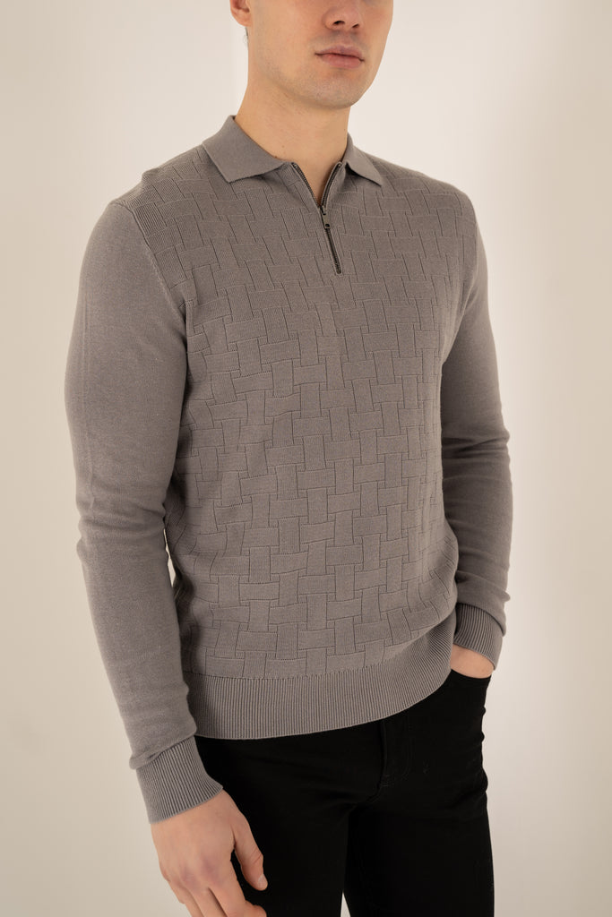 Geometric Long Sleeve Polo - Light Grey
