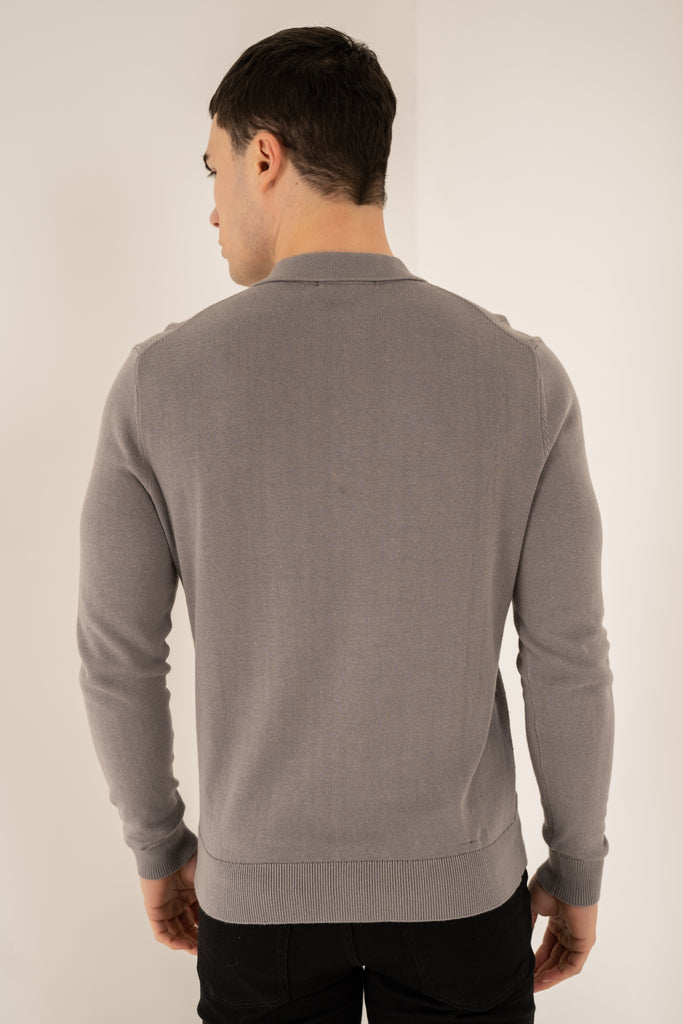Geometric Long Sleeve Polo - Light Grey