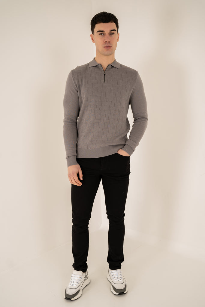 Geometric Long Sleeve Polo - Light Grey