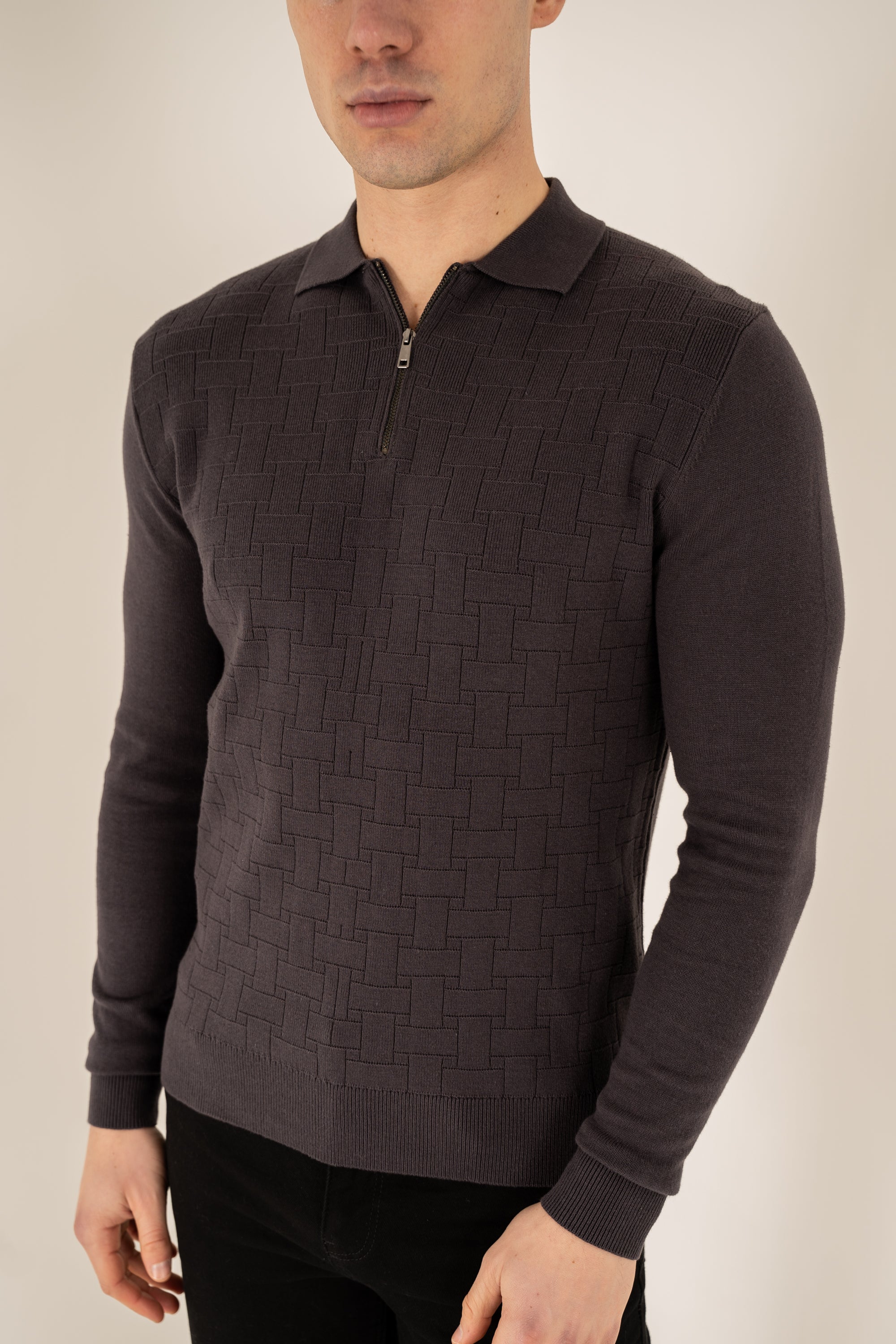 Geometric Long Sleeve Polo - Charcoal